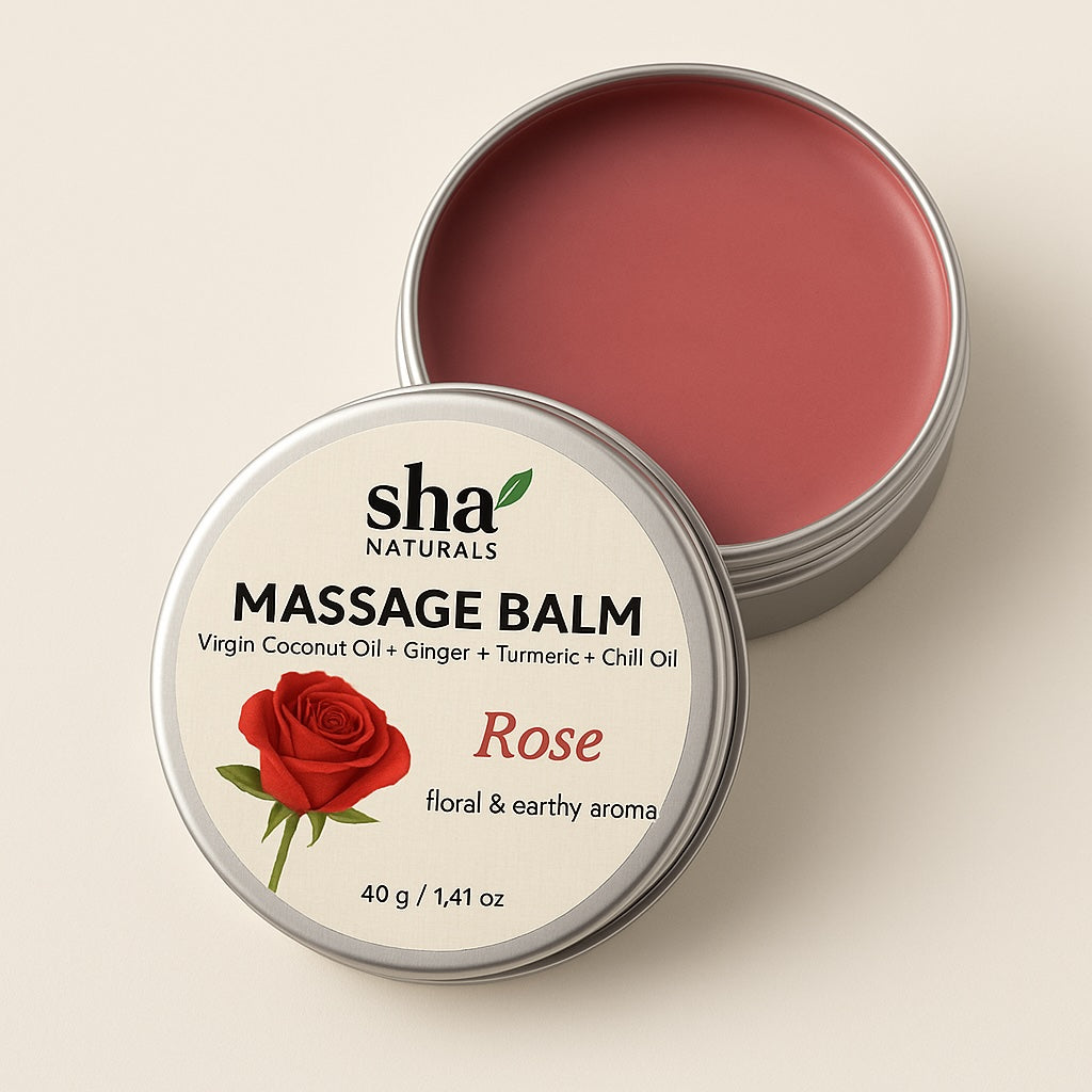 SHA Naturals Massage Balm – Rose | Virgin Coconut Oil, Ginger, Turmeric & Chili Oil (40g / 1.41oz)