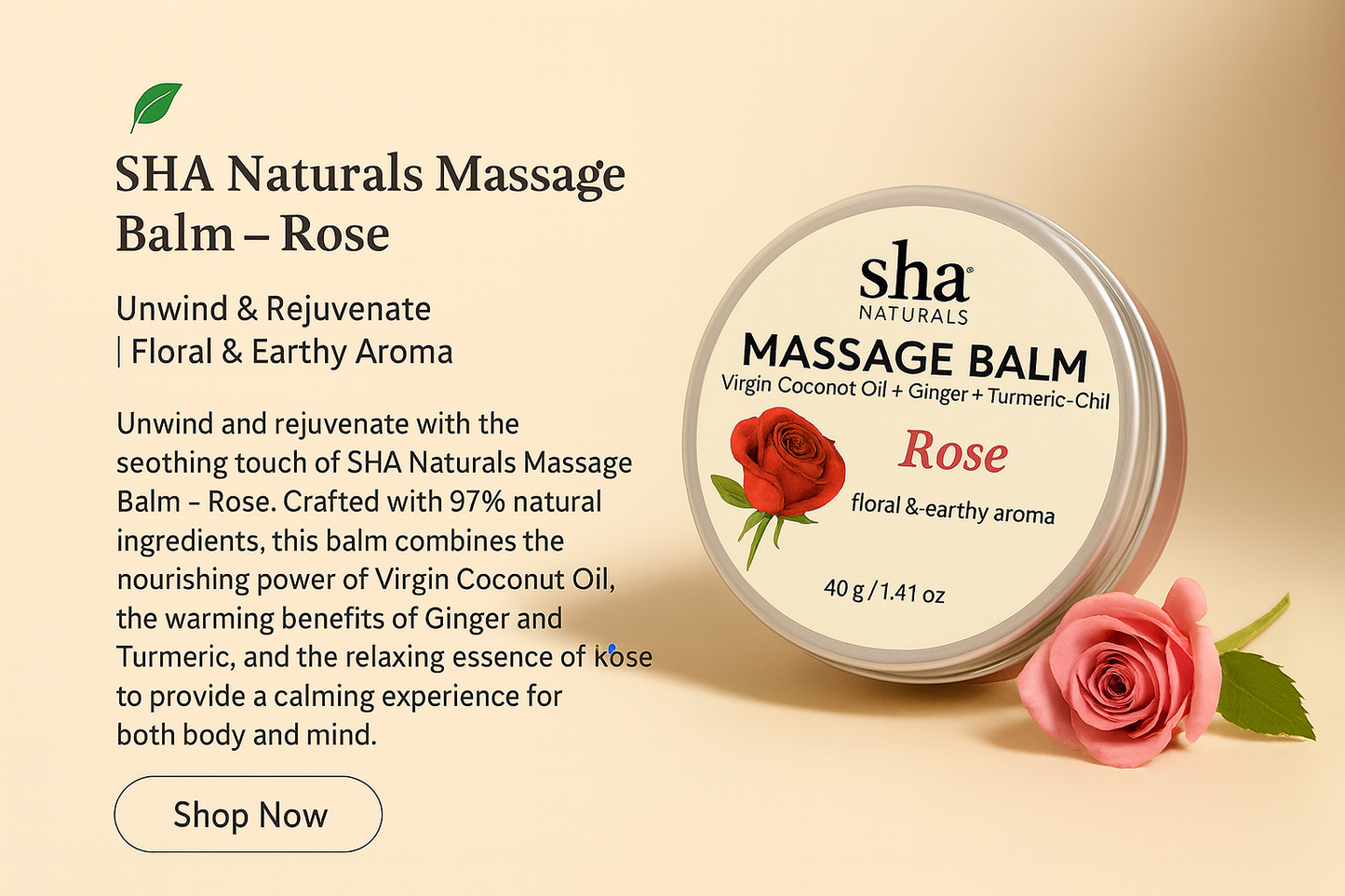 SHA Naturals Massage Balm – Rose | Virgin Coconut Oil, Ginger, Turmeric & Chili Oil (40g / 1.41oz)